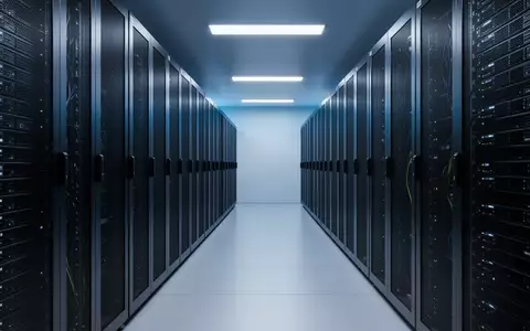 Ein moderner Serverraum mit ordentlichen, dunkelmetallischen Serverschränken in einer kühlen, blauen Beleuchtung. - Foto: über boerse-global.de