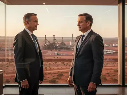 Ein Geschäftsmann blickt in einem modernen Büro bei Sonnenaufgang über eine industrielle Bergbaulandschaft. - Foto: über boerse-global.de