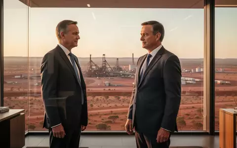 Ein Geschäftsmann blickt in einem modernen Büro bei Sonnenaufgang über eine industrielle Bergbaulandschaft. - Foto: über boerse-global.de