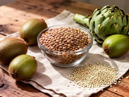 Eine Auswahl an ballaststoffreichen Lebensmitteln wie Linsen, Kiwis, Artischocken und Quinoa auf einem Holztisch. - Foto: über boerse-global.de