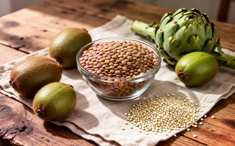 Eine Auswahl an ballaststoffreichen Lebensmitteln wie Linsen, Kiwis, Artischocken und Quinoa auf einem Holztisch. - Foto: über boerse-global.de