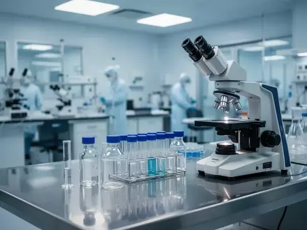 Ein modernes medizinisches Labor mit wissenschaftlichen Geräten und Glasgefäßen auf einem Edelstahltisch. - Foto: über boerse-global.de