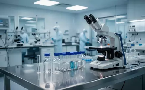 Ein modernes medizinisches Labor mit wissenschaftlichen Geräten und Glasgefäßen auf einem Edelstahltisch. - Foto: über boerse-global.de