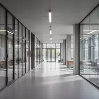 Moderner, leerer Campusflur mit Glasfassade und minimalistischer Architektur am FH OÖ Standort Steyr. - Foto: über boerse-global.de