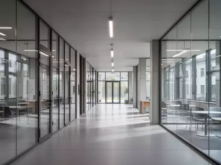 Moderner, leerer Campusflur mit Glasfassade und minimalistischer Architektur am FH OÖ Standort Steyr. - Foto: über boerse-global.de
