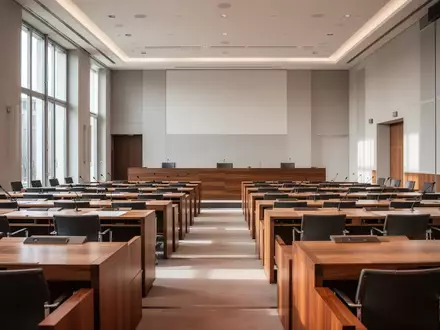 Ein leerer Konferenzsaal in einem modernen Regierungsgebäude mit ordentlich aufgereihten Stühlen und Tischen bei Tageslicht. - Foto: über boerse-global.de