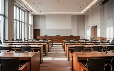 Ein leerer Konferenzsaal in einem modernen Regierungsgebäude mit ordentlich aufgereihten Stühlen und Tischen bei Tageslicht. - Foto: über boerse-global.de