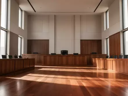 Ein leerer, modern gestalteter Gerichtssaal mit hohen Decken und Holzelementen in natürlichem Tageslicht. - Foto: über boerse-global.de