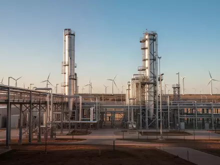 Moderne Industrieanlage in Texas bei Sonnenuntergang mit Metallinfrastruktur und Windkraftanlagen. - Foto: über boerse-global.de