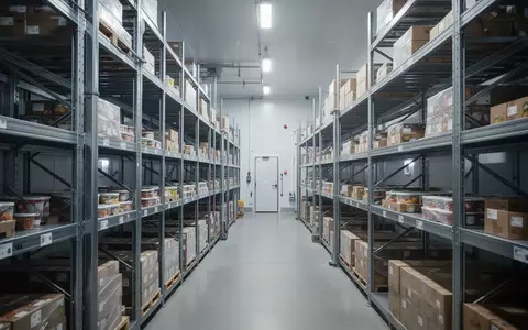 Ein modernes, hochmodernes Lebensmittellager mit organisierten Regalsystemen in einer gekühlten Industrieumgebung. - Foto: über boerse-global.de