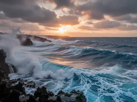 Aufgewühlter Ozean mit hohen Wellen an einer felsigen Küste unter einem dramatischen, wolkenverhangenen Himmel. - Foto: über boerse-global.de
