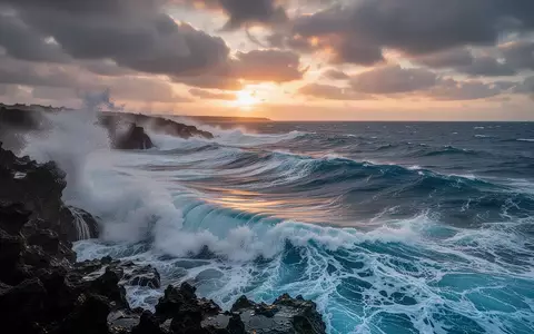 Aufgewühlter Ozean mit hohen Wellen an einer felsigen Küste unter einem dramatischen, wolkenverhangenen Himmel. - Foto: über boerse-global.de