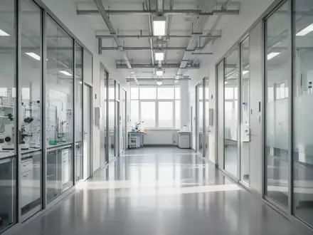 Ein heller, moderner Flur in einem Forschungslabor mit minimalistischer Architektur und einfallendem Tageslicht. - Foto: über boerse-global.de