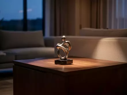 Ein minimalistisch eingerichtetes Wohnzimmer bei Dämmerung mit einem abstrakten Metallobjekt auf einem Holztisch. - Foto: über boerse-global.de