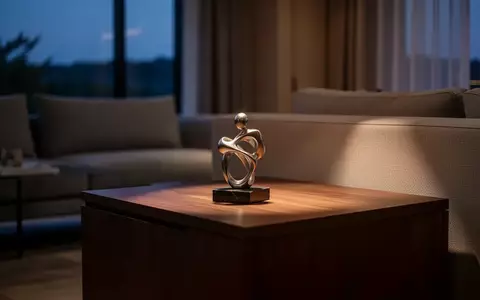 Ein minimalistisch eingerichtetes Wohnzimmer bei Dämmerung mit einem abstrakten Metallobjekt auf einem Holztisch. - Foto: über boerse-global.de