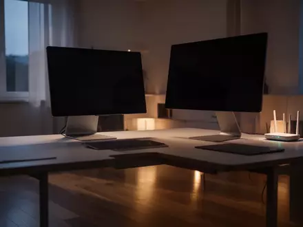 Ein minimalistisches Arbeitszimmer mit einem ausgeschalteten Computermonitor und einem im Hintergrund dezent leuchtenden Router. - Foto: über boerse-global.de