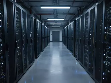 Ein modern beleuchteter Serverraum mit langen Gängen zwischen Serverracks in einer industriellen Umgebung. - Foto: über boerse-global.de