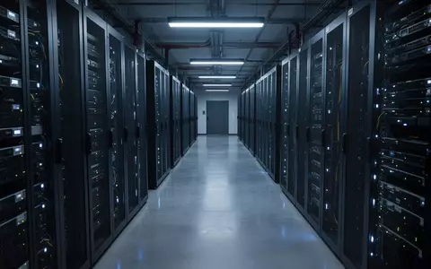 Ein modern beleuchteter Serverraum mit langen Gängen zwischen Serverracks in einer industriellen Umgebung. - Foto: über boerse-global.de