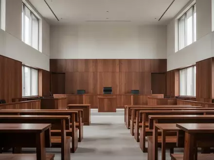 Ein leerer, moderner Gerichtssaal mit Holzvertäfelung und schlichtem Design in natürlichem Tageslicht. - Foto: über boerse-global.de