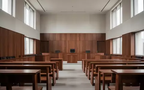 Ein leerer, moderner Gerichtssaal mit Holzvertäfelung und schlichtem Design in natürlichem Tageslicht. - Foto: über boerse-global.de