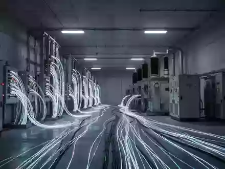 Ein moderner Infrastrukturraum mit leuchtenden Glasfaserkabeln und industriellen Stromverteilern in einer dunklen Halle. - Foto: über boerse-global.de