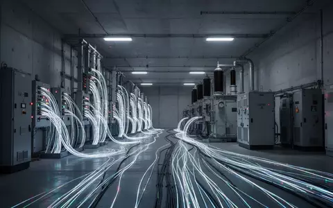 Ein moderner Infrastrukturraum mit leuchtenden Glasfaserkabeln und industriellen Stromverteilern in einer dunklen Halle. - Foto: über boerse-global.de