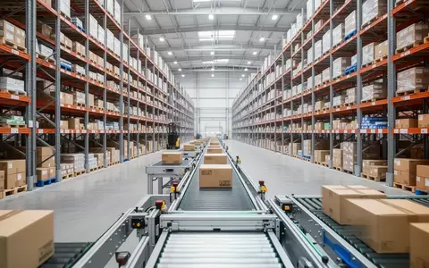 Ein modernes, aufgeräumtes Logistikzentrum mit langen Regalsystemen und einem Förderbandsystem für Versandkartons. - Foto: über boerse-global.de