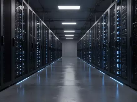 Reihen von modernen Server-Racks in einem hochmodernen Rechenzentrum mit blauer Beleuchtung. - Foto: über boerse-global.de