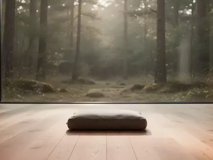 Ein minimalistischer Meditationsraum mit einem einzelnen Kissen auf einem Holzboden vor einem ruhigen Waldhintergrund. - Foto: über boerse-global.de