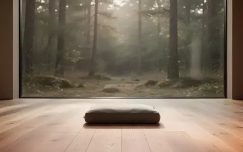 Ein minimalistischer Meditationsraum mit einem einzelnen Kissen auf einem Holzboden vor einem ruhigen Waldhintergrund. - Foto: über boerse-global.de