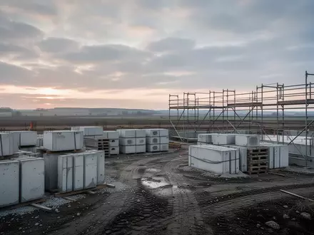 Eine leere Baustelle mit Baumaterialien vor einer weiten Industrielandschaft in Sachsen-Anhalt bei Dämmerung. - Foto: über boerse-global.de