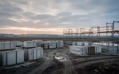 Eine leere Baustelle mit Baumaterialien vor einer weiten Industrielandschaft in Sachsen-Anhalt bei Dämmerung. - Foto: über boerse-global.de
