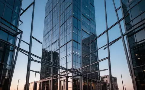 Modernes Hochhaus im Finanzviertel bei Dämmerung mit klaren architektonischen Linien und Reflexionen am blauen Himmel. - Foto: über boerse-global.de