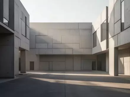 Moderne, minimalistische Industriearchitektur mit geometrischen Betonstrukturen und klaren Linien im sanften Morgenlicht. - Foto: über boerse-global.de