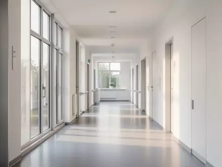Ein heller, moderner Klinikflur mit natürlichem Lichteinfall und minimalistischer Architektur ohne Personen. - Foto: über boerse-global.de
