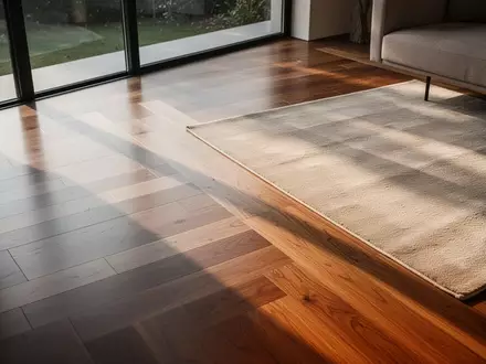 Ein moderner, minimalistischer Wohnraumboden mit hellem Parkett und einem neutralen Teppich bei natürlichem Lichteinfall. - Foto: über boerse-global.de