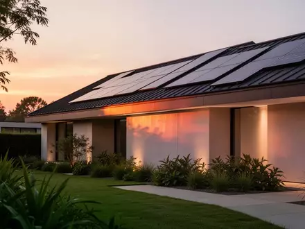 Modernes Wohnhaus mit integrierten Solarpaneelen auf dem Dach in der Abenddämmerung. - Foto: über boerse-global.de
