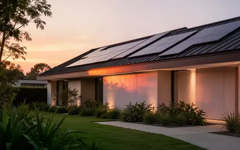 Modernes Wohnhaus mit integrierten Solarpaneelen auf dem Dach in der Abenddämmerung. - Foto: über boerse-global.de