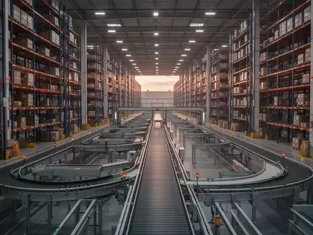 Ein modernes, automatisiertes Logistikzentrum mit hohen Regalen und Förderbändern in einer weitläufigen Industriehalle. - Foto: über boerse-global.de