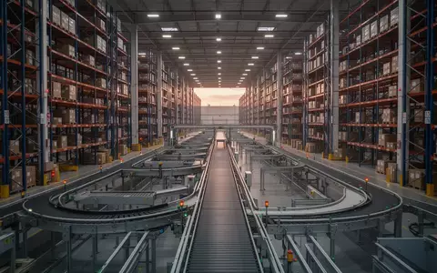 Ein modernes, automatisiertes Logistikzentrum mit hohen Regalen und Förderbändern in einer weitläufigen Industriehalle. - Foto: über boerse-global.de
