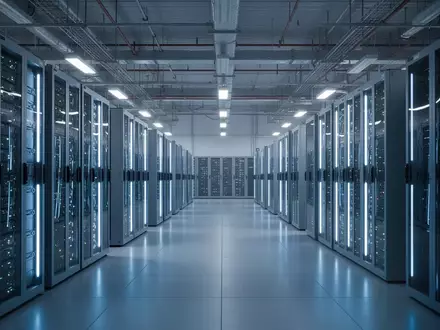 Moderne Serverräume mit leuchtenden Racks in einer industriellen Umgebung, die die technologische Infrastruktur symbolisieren. - Foto: über boerse-global.de