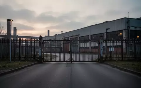 Ein Fabrikgelände mit einem großen Produktionsgebäude und einem Metallzaun bei Dämmerung. - Foto: über boerse-global.de
