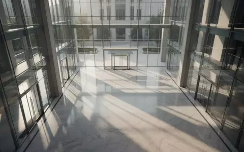 Ein minimalistisches, modernes Atrium aus Glas und Stahl mit geometrischen Schatten auf einem polierten Marmorboden. - Foto: über boerse-global.de