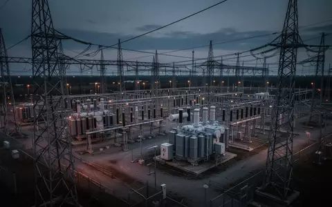 Weitläufiges Umspannwerk mit Hochspannungsmasten und Transformatoren bei Dämmerung - Foto: über boerse-global.de