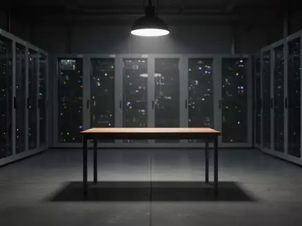 Ein dunkler, steriler Raum mit Server-Racks im Hintergrund und einem leeren Schreibtisch im Vordergrund. - Foto: über boerse-global.de
