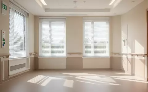 Ein heller, moderner Raum in einer Pflegeeinrichtung mit Jalousien vor den Fenstern an einem sonnigen Sommertag. - Foto: über boerse-global.de
