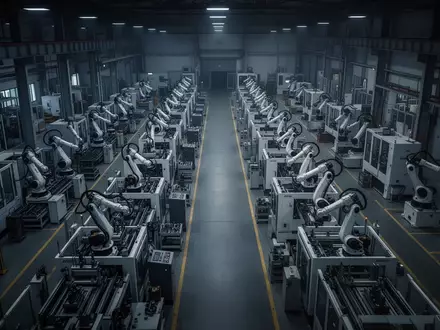 Moderne industrielle Fertigungshalle mit automatisierten Maschinen in einer weitläufigen, schattigen Umgebung. - Foto: über boerse-global.de