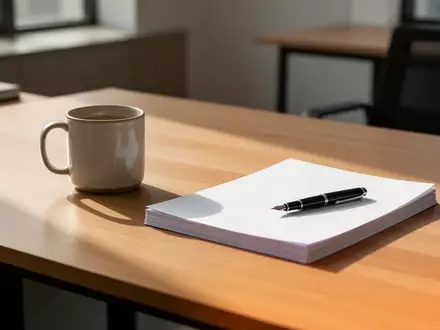 Ein minimalistischer, aufgeräumter Schreibtisch mit einer Kaffeetasse und Papier, ohne elektronische Geräte. - Foto: über boerse-global.de