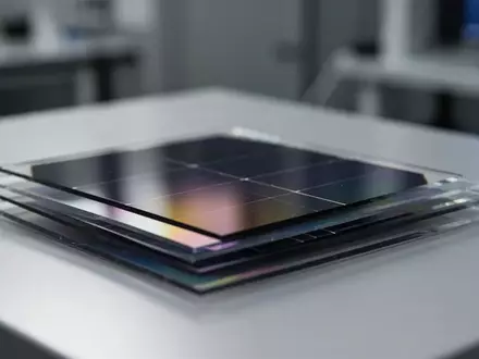 Nahaufnahme von geschichteten, schillernden Solarzellen-Prototypen auf einer sauberen Laboroberfläche. - Foto: über boerse-global.de