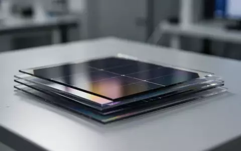 Nahaufnahme von geschichteten, schillernden Solarzellen-Prototypen auf einer sauberen Laboroberfläche. - Foto: über boerse-global.de